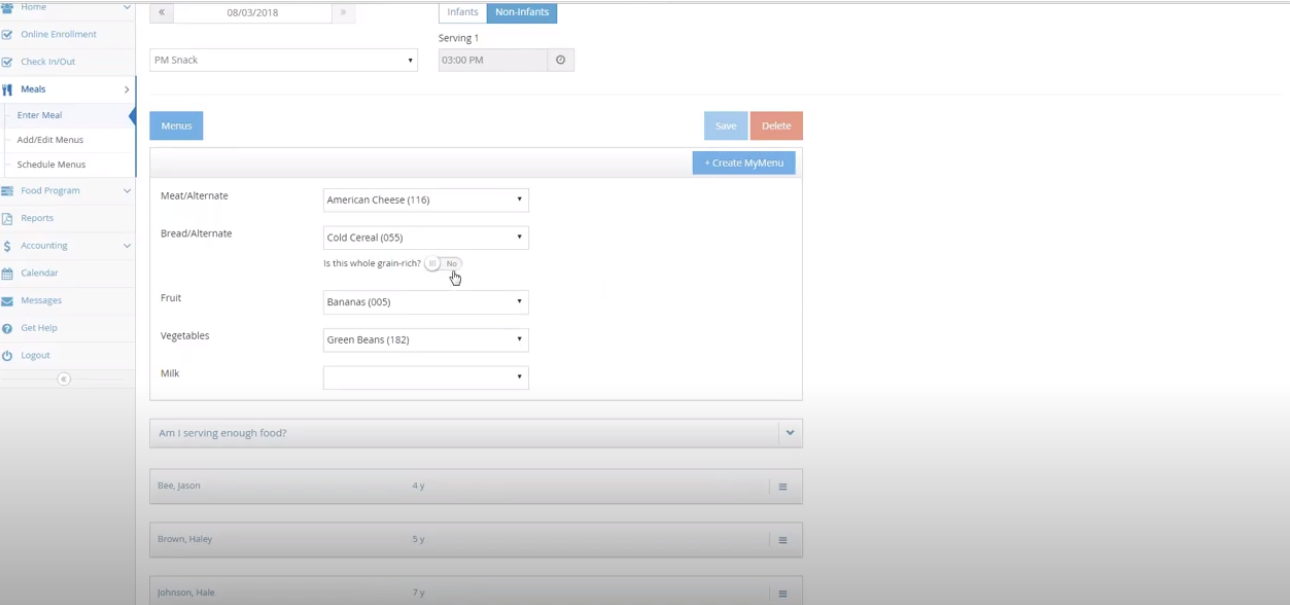 screenshot of KidKare Food Program